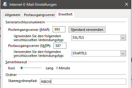 Screenshot Outlook Port und Inbox Einstellungen
